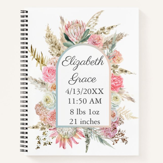 Pink White Floral Birth Stats Personalisiert Baby Notizbuch (Vorderseite)