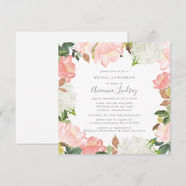Pink White Floral Botanic Hübsch Bridal Luncheon Einladung (Vorne/Hinten)