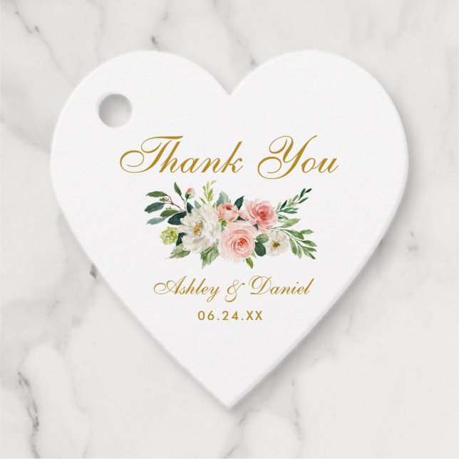 Pink White Floral Gold Hochzeit Danke Herz Geschenkanhänger (Vorderseite)