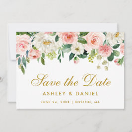 Pink White Floral Gold Save the Date