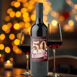 Pink White Floral Golden 50. Hochzeitstag Weinetikett