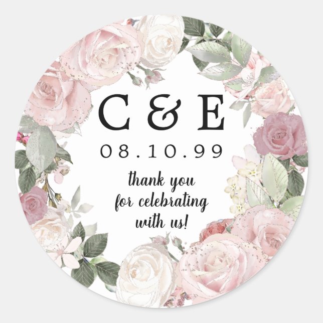 Pink White Floral Mit Monogramm Wedding Danke Runder Aufkleber (Vorderseite)