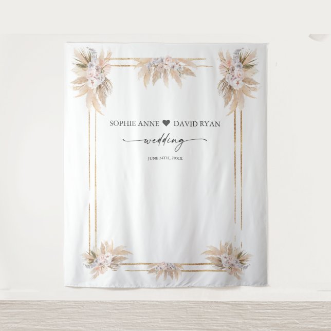 Pink White Floral Pampas Grass Foto Stand Hochzeit Wandteppich (Vorderseite)