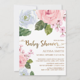 Pink White Floral Rose Elegantes Script Babydusche Einladung