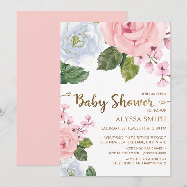 Pink White Floral Rose Elegantes Script Babydusche Einladung (Vorne/Hinten)