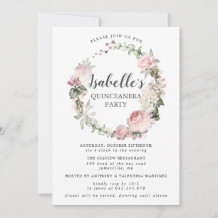 Pink White Floral Wreath Quinceanera Einladung