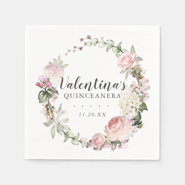 Pink White Floral Wreath Quinceanera Serviette (Vorderseite)