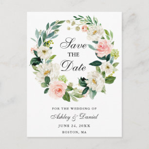 Pink White Floral Wreath Save the Date Ankündigungspostkarte