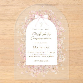 pink white flowers First Communion Acryleinladungen
