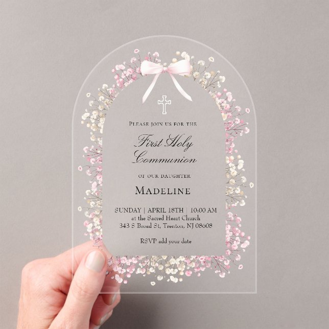 pink white flowers First Communion Acryleinladungen (Insitu (Handheld))