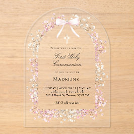 pink white flowers First Communion Acryleinladungen