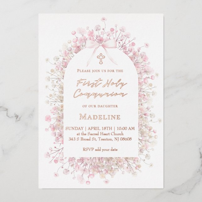 pink white flowers First Communion Folieneinladung (Vorderseite)