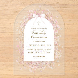 pink white flowers First Holy Communion Acryleinladungen