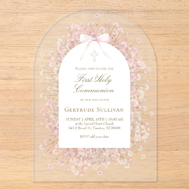pink white flowers First Holy Communion Acryleinladungen (Vorderseite)