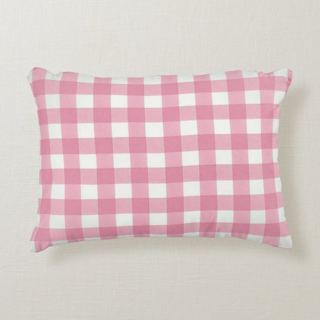 Pink White Gingham Buffalo Kariert Checked Bedroom Dekokissen (Vorderseite)