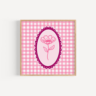Pink & White Gingham & Frame Floral Art Poster
