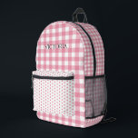 Pink White Gingham Polkadot Personalized  Bedruckter Rucksack<br><div class="desc">Sweet pink and white gingham plaid pattern with pink and white polkadot accent pattern on front.  Add your name to personalize.</div>