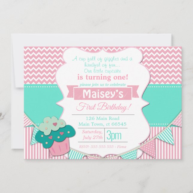 Pink & White Girls Cupcake Blackboard 1. Geburtsta Einladung (Vorderseite)