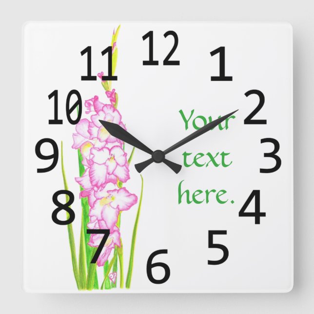 Pink White Gladiola Blume Ihre Textzeituhr Quadratische Wanduhr (Vorderseite)