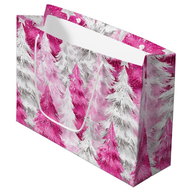 Pink White Glam Weihnachtsbaumen Große Geschenktüte (Vorderseite Schrägansicht)