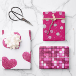 Pink White Glitter Heart Checkered  Geschenkpapier Set