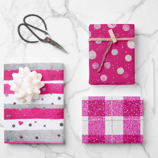 Pink White Glitter Heart Checkered  Geschenkpapier Set (Vorderseite)