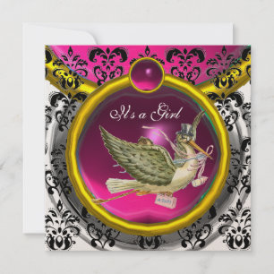 PINK WHITE GOLD DAMASK STORK BABY SHOWM MONOGRAM EINLADUNG