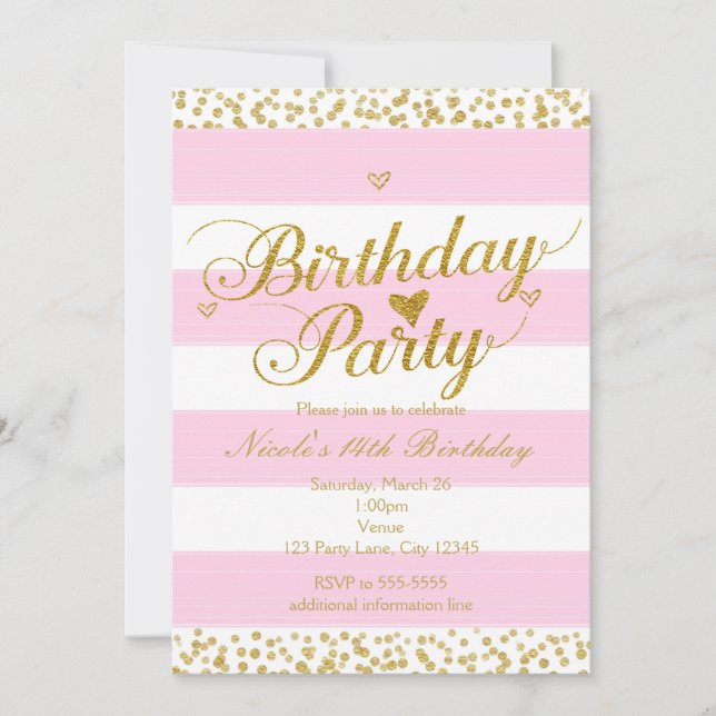 Pink White & Gold Heart Invitations de fête d'anni (Devant)