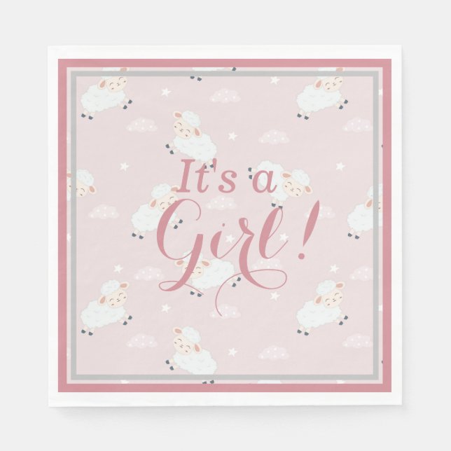 Pink White Gray Baby Lambs - Es ist ein Mädchen! Serviette (Vorderseite)