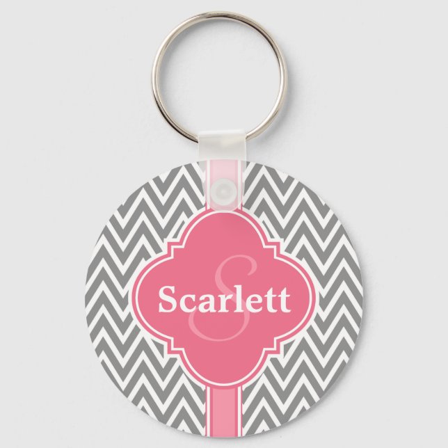 Pink White Gray Chevron Pattern and Monogram Schlüsselanhänger (Vorderseite)