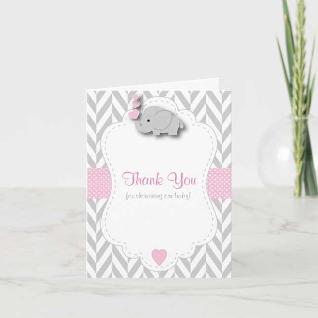 Pink, White Gray Elephant 🐘 Baby Dusche Danke (Vorderseite)