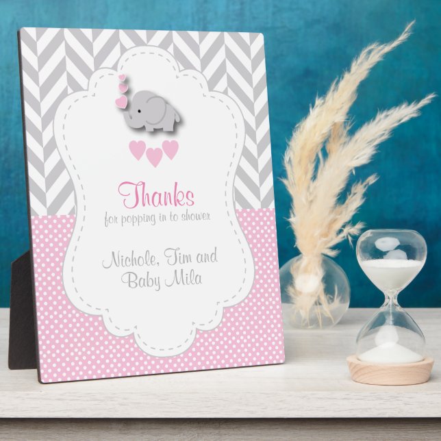 Pink, White Gray Elephant Baby Dusche Danke Fotoplatte (Seite)