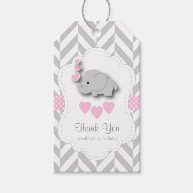 Pink, White Gray Elephant Baby Dusche Danke Geschenkanhänger (Vorderseite)