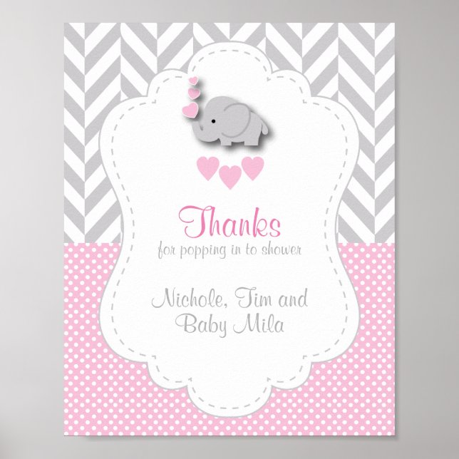 Pink, White Gray Elephant Baby Dusche Danke Poster (Vorne)