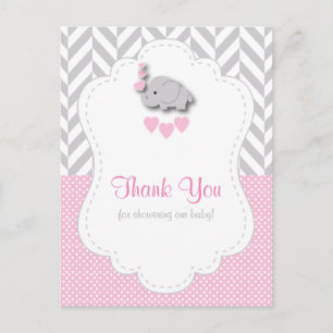 Pink, White Gray Elephant Baby Dusche Danke Postkarte