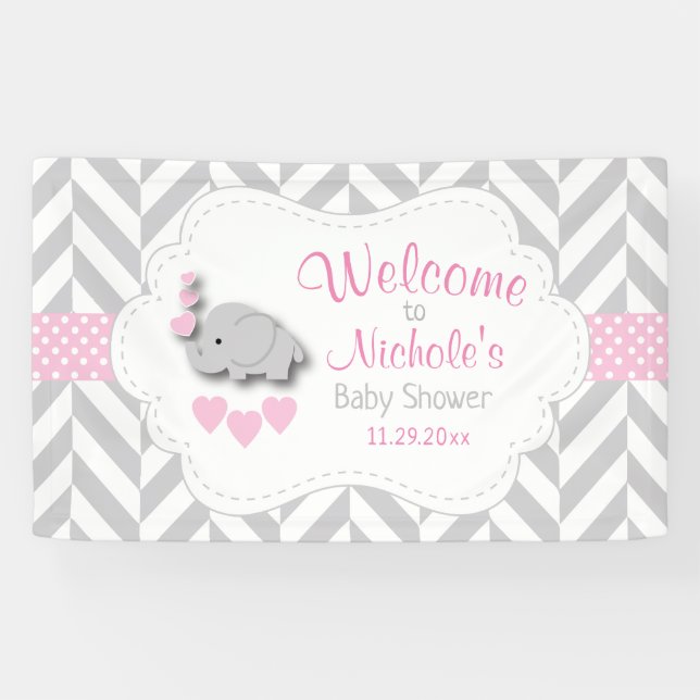 Pink, White Gray Elephant Baby Dusche Empfang Banner (Horizontal)
