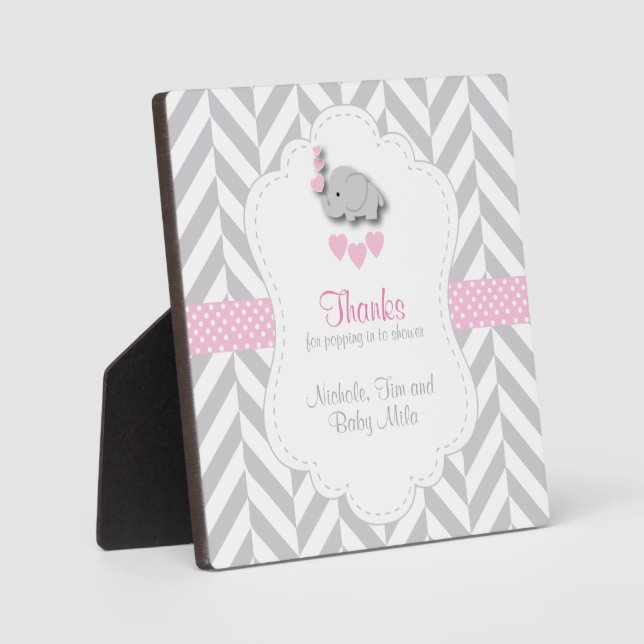 Pink, White Gray Elephant Babydusche Fotoplatte (Vorderseite)