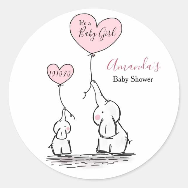 Pink, White Gray Elephant Babydusche Runder Aufkleber (Vorderseite)