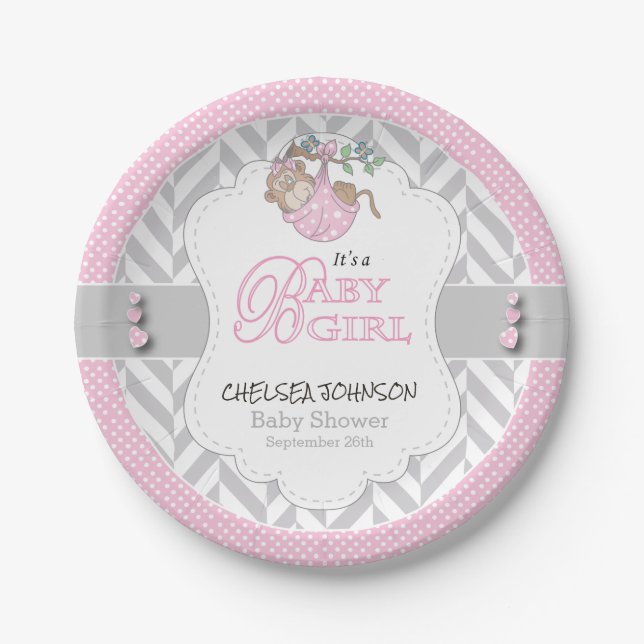 Pink, White Gray Monkey Baby Dusche Pappteller (Vorderseite)