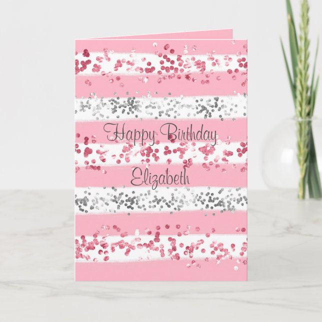 Pink White Gray Silver Glitzer Geburtstagkarte Karte (Vorderseite)
