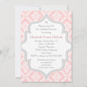 Pink, white, grey damask wedding bridal shower einladung