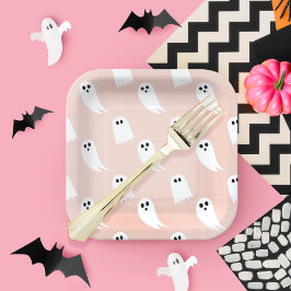 Pink & White Halloween Ghost & Patternpapier Pappteller