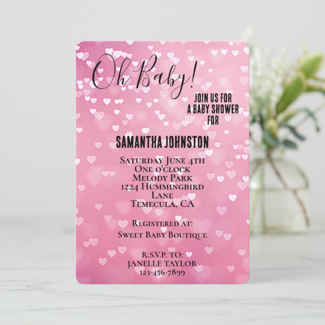 Pink White Hearts Baby Dusche Einladung (Stehend Vorderseite)