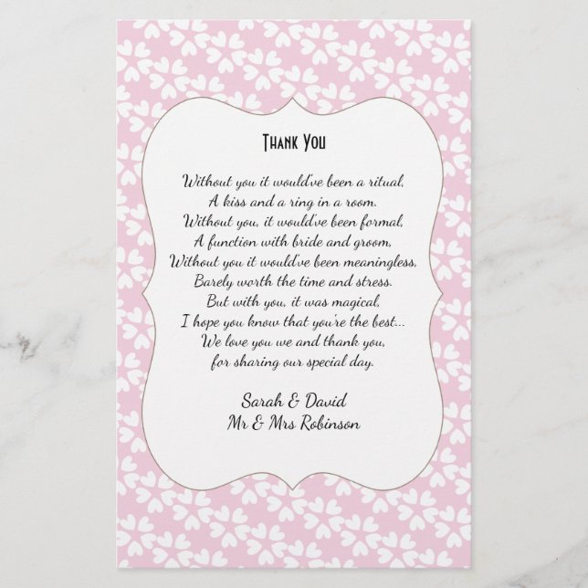 Pink White Hearts Wedding Gedicht Danke Scroll Flyer (Vorne)