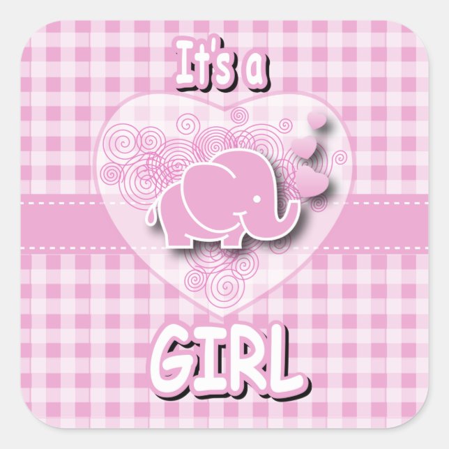Pink & White Kariert Baby Elephant Quadratischer Aufkleber (Vorderseite)