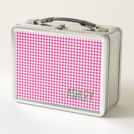 Pink White Karo Green individuelle Name school Metall Brotdose