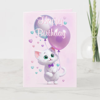 Pink White Kitten with Balloons Birthday Karte