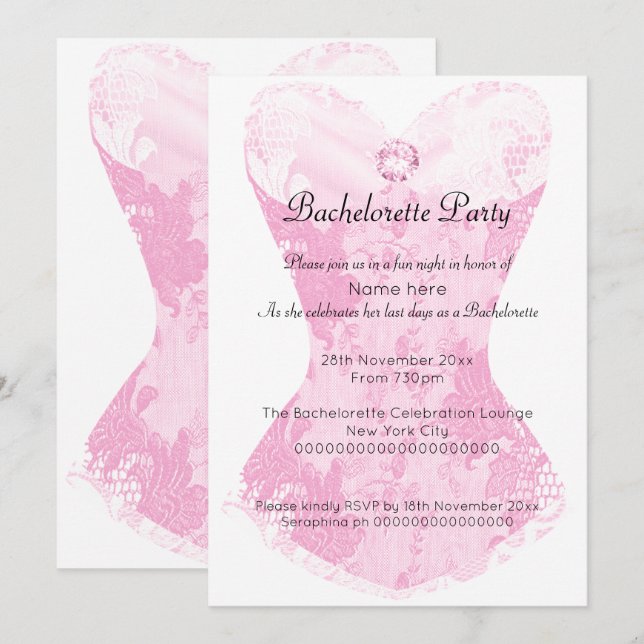 PINK WHITE LACE CORSET BACHELORETTE EINLADUNG (Vorne/Hinten)