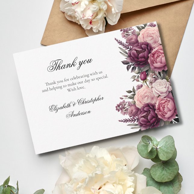 Pink White Lila Watercolor Blumenzehen Dankeskarte (Pink Purple white floral watercolor wedding thank you cards. Script Calligraphy Formal)