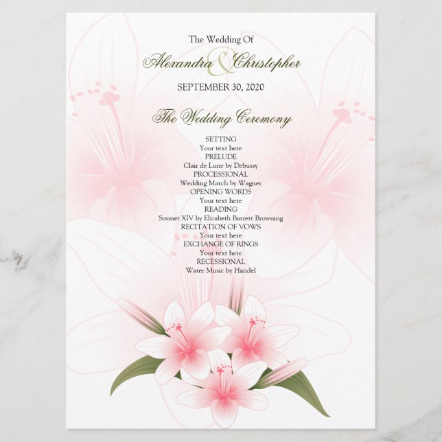 Pink & White Lilies Programme de mariage (Devant)